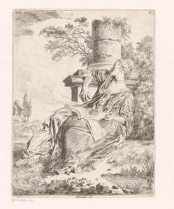 Zittende vrouw met boek in een landschap