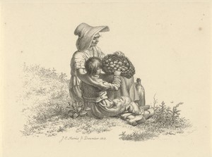 Zittende vrouw met kind en een gevulde mand