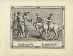 Zoon op de rug van de ezel, de vader te voet