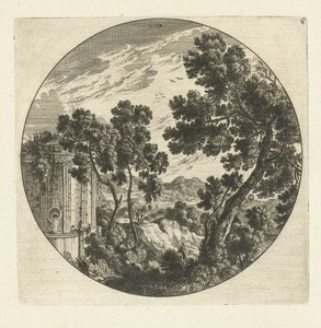 Zuidelijk berglandschap met bomen en bron in rond kader
