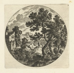 Zuidelijk landschap met bomen en figuren op weg bij vervallen huis in rond kader
