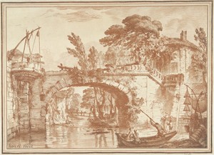 Zuidelijk landschap met brug en huizen bij rivier