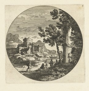 Zuidelijk landschap met figuren bij haven aan rotsachtige kust met rond kader