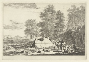 Zuidelijk landschap met herder met lange staf en herderin in gesprek bij rotsen