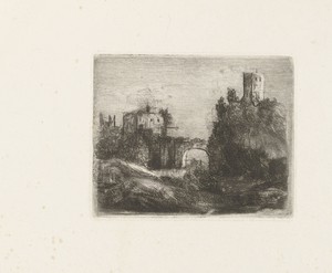 Zuidelijk landschap met poort en toren op rots