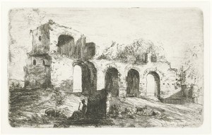 Zuidelijk landschap met ruïne en herder met vee
