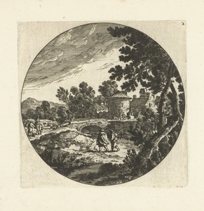 Zuidelijk landschap met stenen brug en figuren bij dorp in rond kader