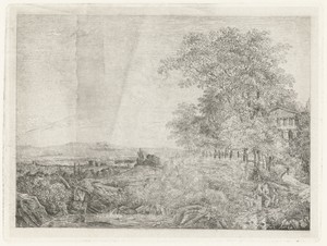 Zuidelijk landschap met tempel en figuren