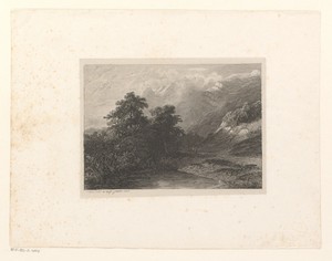 Zwitsers berglandschap met figuren langs een pad aan het water